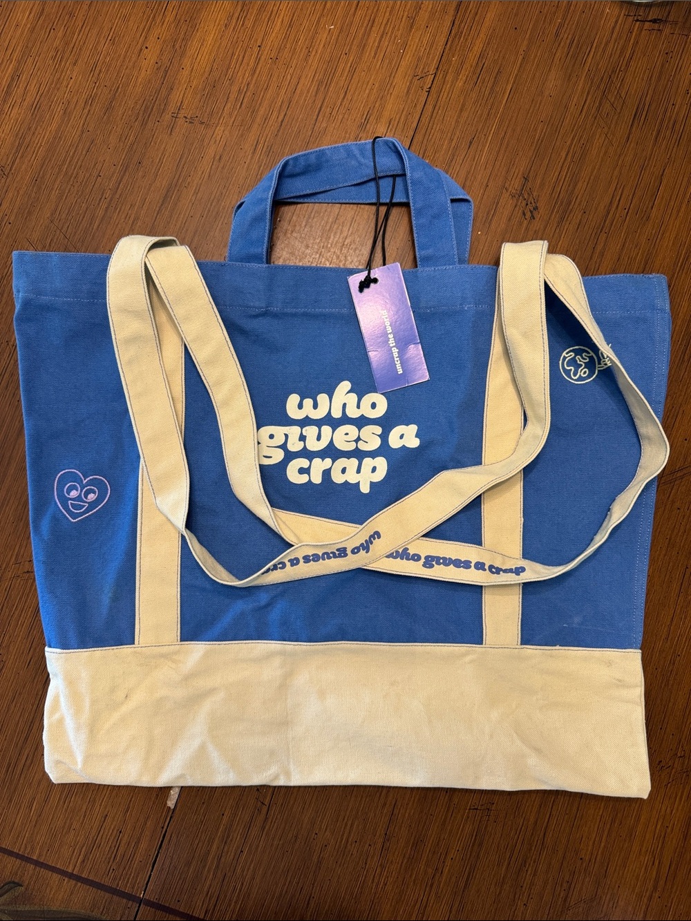 Who Gives a Crap Blue & Cream Canvas Tote Bag